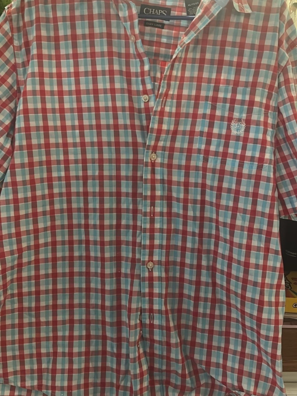 Chaps Men's Red and Light Blue Plaid Button-Down Shirt